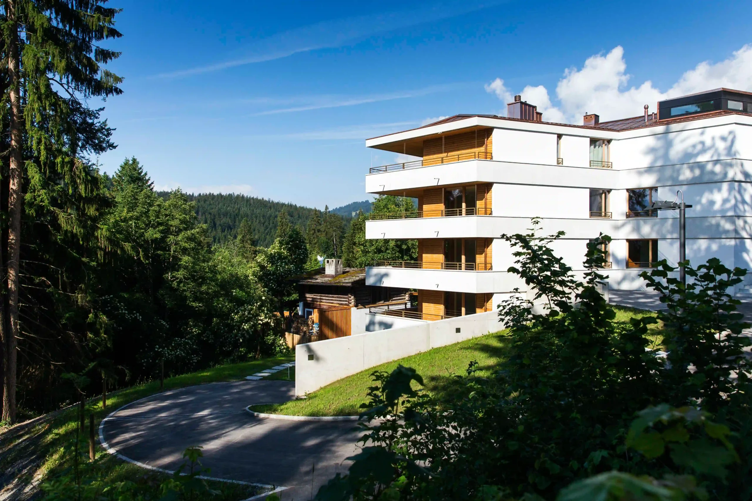 MFH Haus am Waldrand Flims Waldhaus Garageneinfahrt und Blick auf den Flimmer Wald