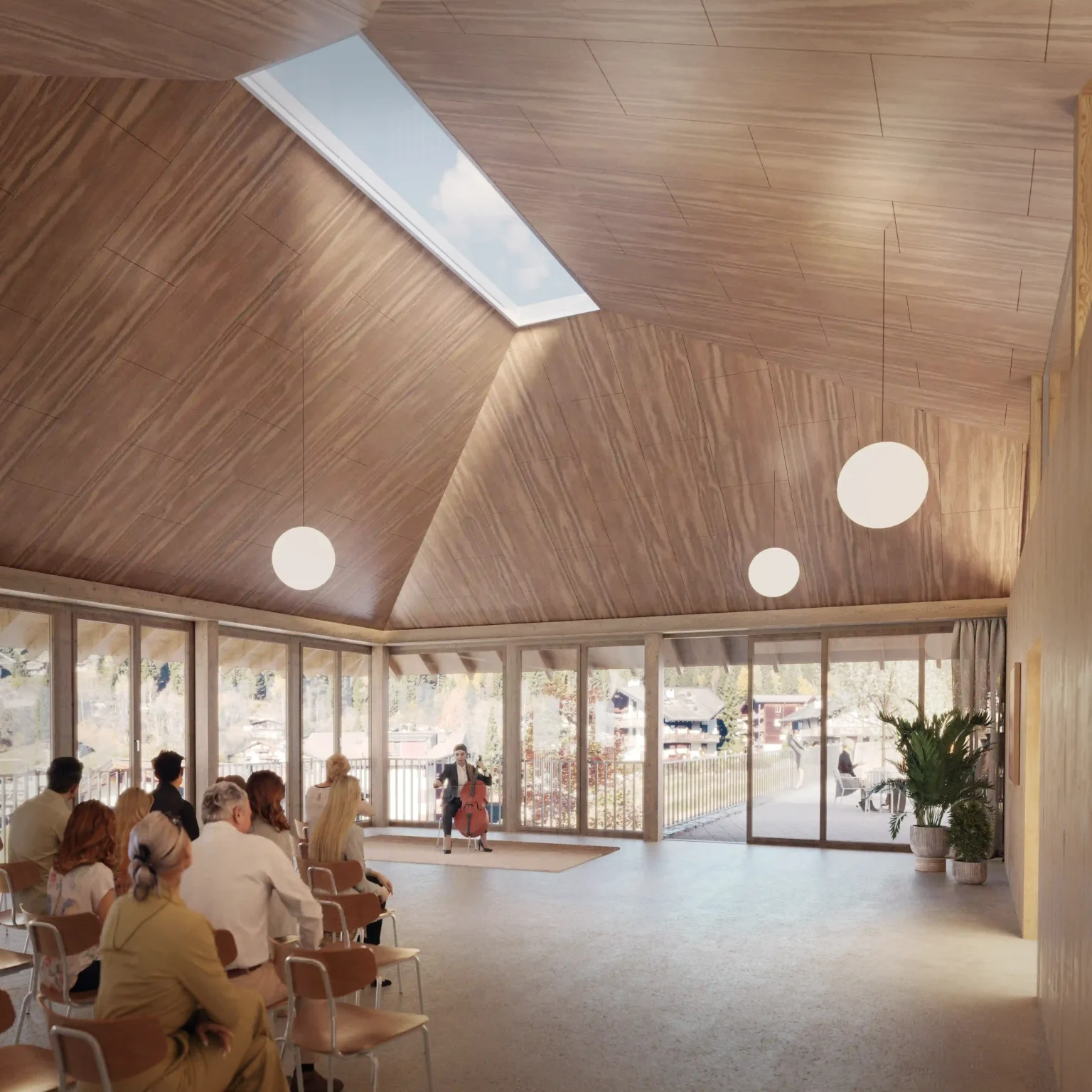 Rendering des Hauptsaals mit Musikanten der Sentupada Nova in Laax
