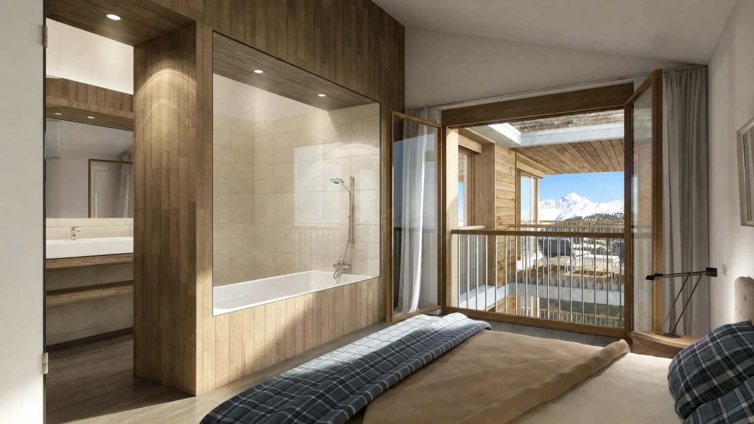 Schlafzimmer mit Blick ins Bad